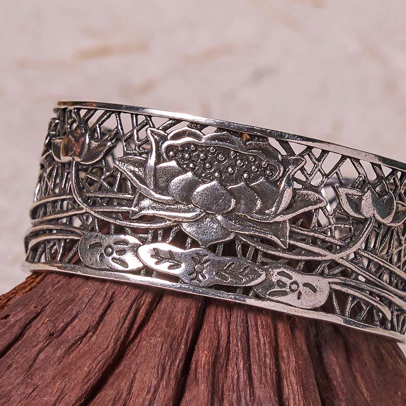 KarmaRipple's Hollow Lotus Silver Plated Bronze Balancing Enlightenment Bracelet Bangle p5