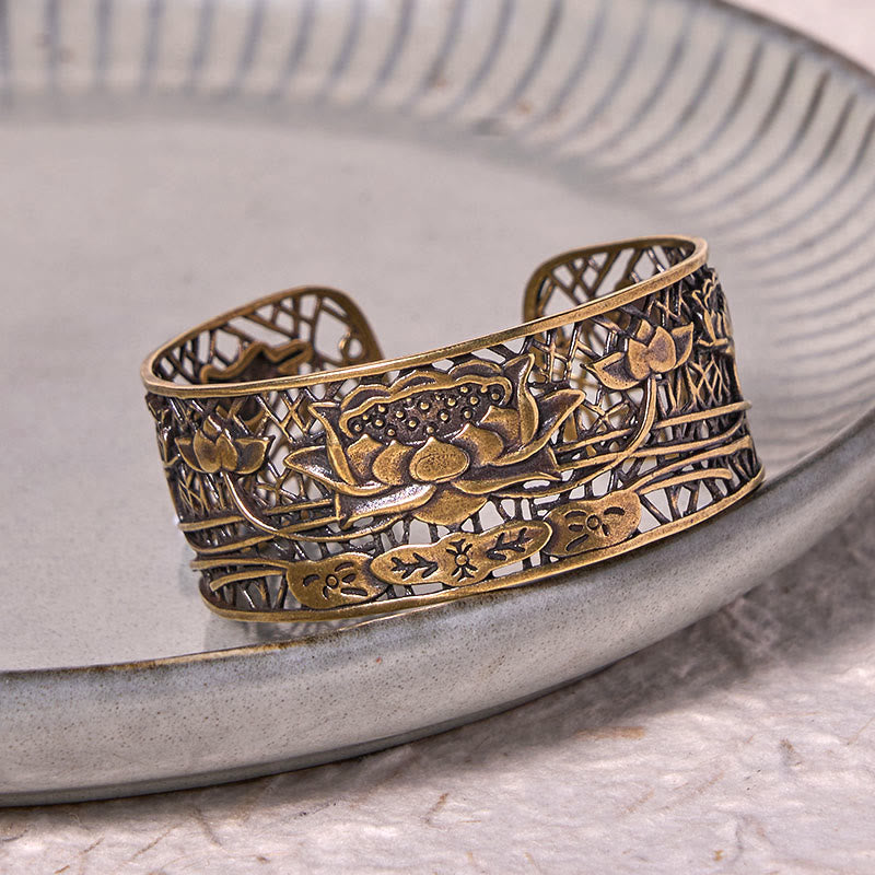 KarmaRipple's Hollow Lotus Silver Plated Bronze Balancing Enlightenment Bracelet Bangle p9