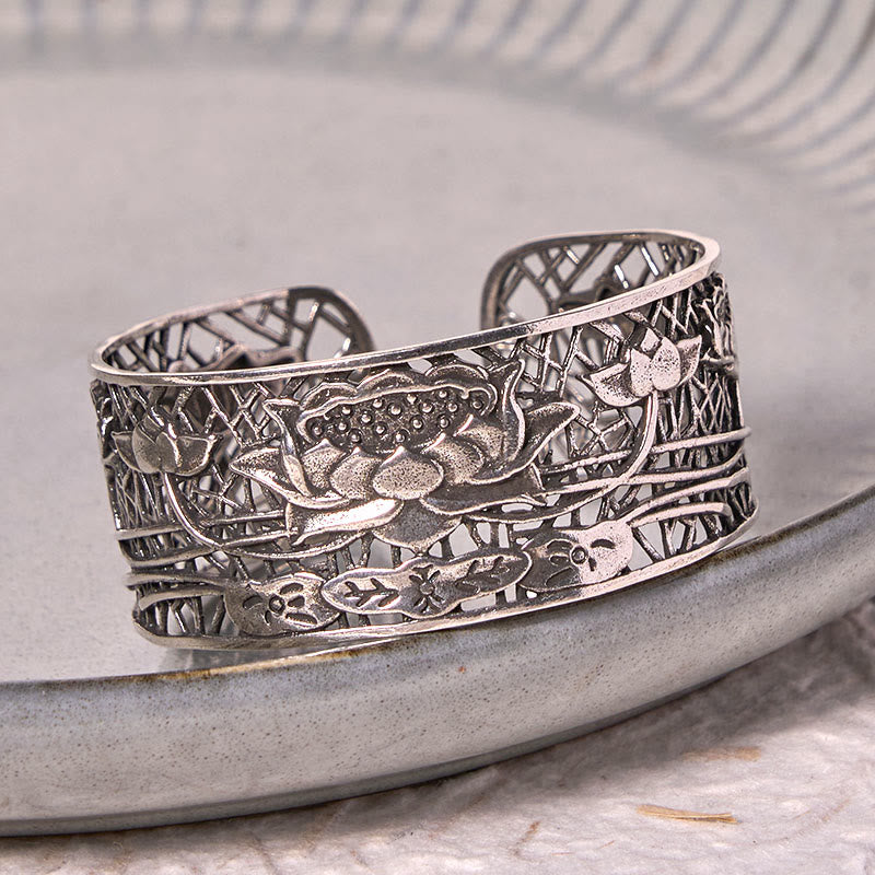KarmaRipple's Hollow Lotus Silver Plated Bronze Balancing Enlightenment Bracelet Bangle p4