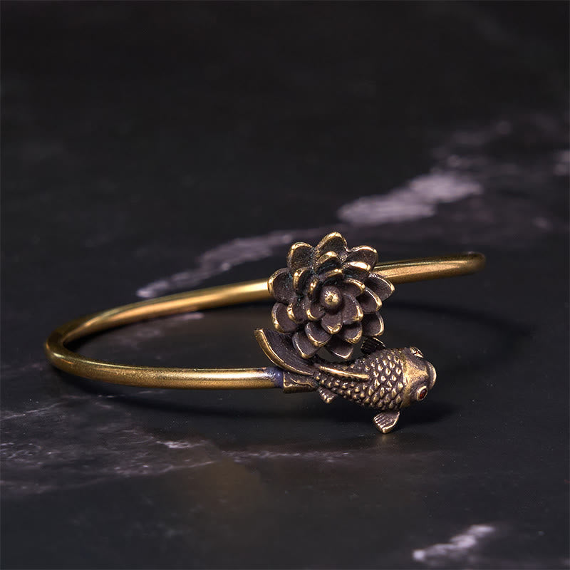 KarmaRipple's Lotus Flower Koi Fish Bronze Brass Enlightenment Fortune Bracelet Bangle p1