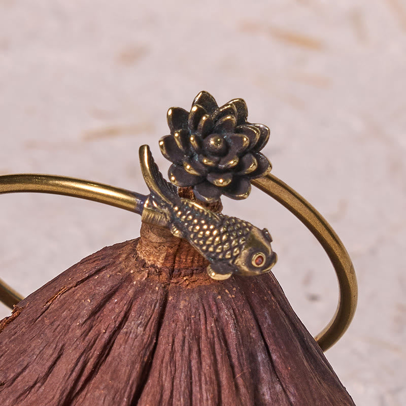 KarmaRipple's Lotus Flower Koi Fish Bronze Brass Enlightenment Fortune Bracelet Bangle p3