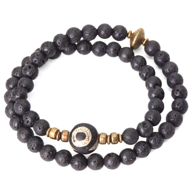 KarmaRipple's Vintage Lava Rock Three-eyed Dzi Bead Bronze Brass Beadwork Double Wrap Balancing Bracelet p8
