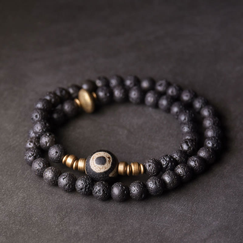 KarmaRipple's Vintage Lava Rock Three-eyed Dzi Bead Bronze Brass Beadwork Double Wrap Balancing Bracelet p1