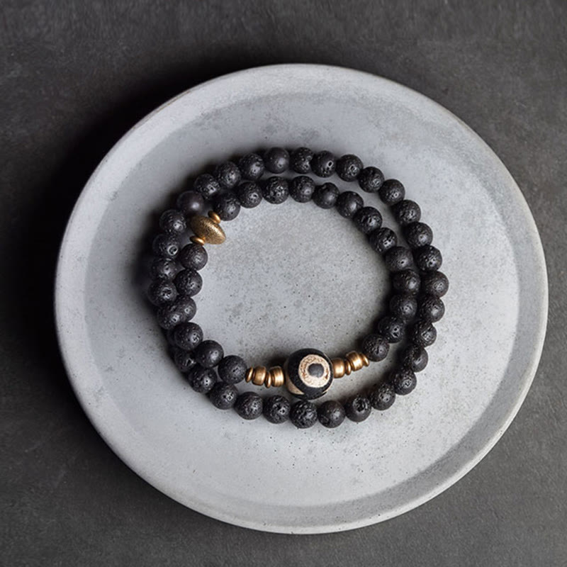 KarmaRipple's Vintage Lava Rock Three-eyed Dzi Bead Bronze Brass Beadwork Double Wrap Balancing Bracelet p9