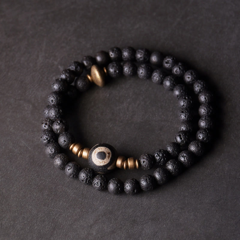 KarmaRipple's Vintage Lava Rock Three-eyed Dzi Bead Bronze Brass Beadwork Double Wrap Balancing Bracelet p3