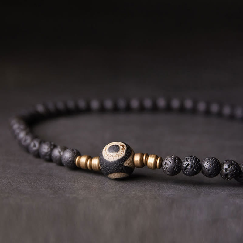 KarmaRipple's Vintage Lava Rock Three-eyed Dzi Bead Bronze Brass Beadwork Double Wrap Balancing Bracelet p2