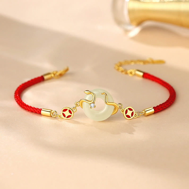 KarmaRipple's Hetian Jade Chalcedony Peace Buckle Coin 925 Sterling Silver Year Of The Snake Red String Prosperity Bracelet p1