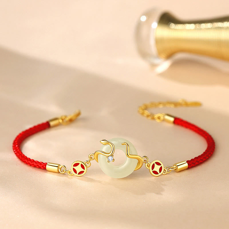 KarmaRipple's Hetian Jade Chalcedony Peace Buckle Coin 925 Sterling Silver Year Of The Snake Red String Prosperity Bracelet p4