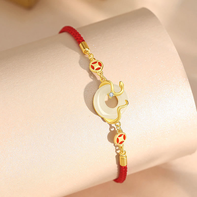 KarmaRipple's Hetian Jade Chalcedony Peace Buckle Coin 925 Sterling Silver Year Of The Snake Red String Prosperity Bracelet p5
