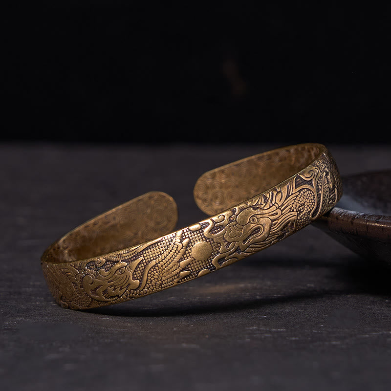 KarmaRipple's Dragon And Phoenix Playing With A Pearl Carved Bronze Brass Fortune Protection Bracelet Bangle p1