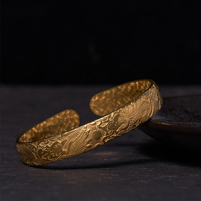 KarmaRipple's Dragon And Phoenix Playing With A Pearl Carved Bronze Brass Fortune Protection Bracelet Bangle p13