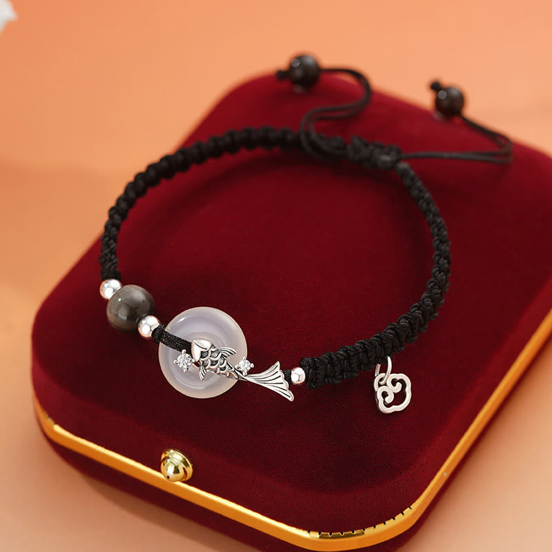 KarmaRipple's Handmade Chalcedony Peace Buckle Koi Fish 925 Sterling Silver Woven String Positive Couple's Bracelet p2