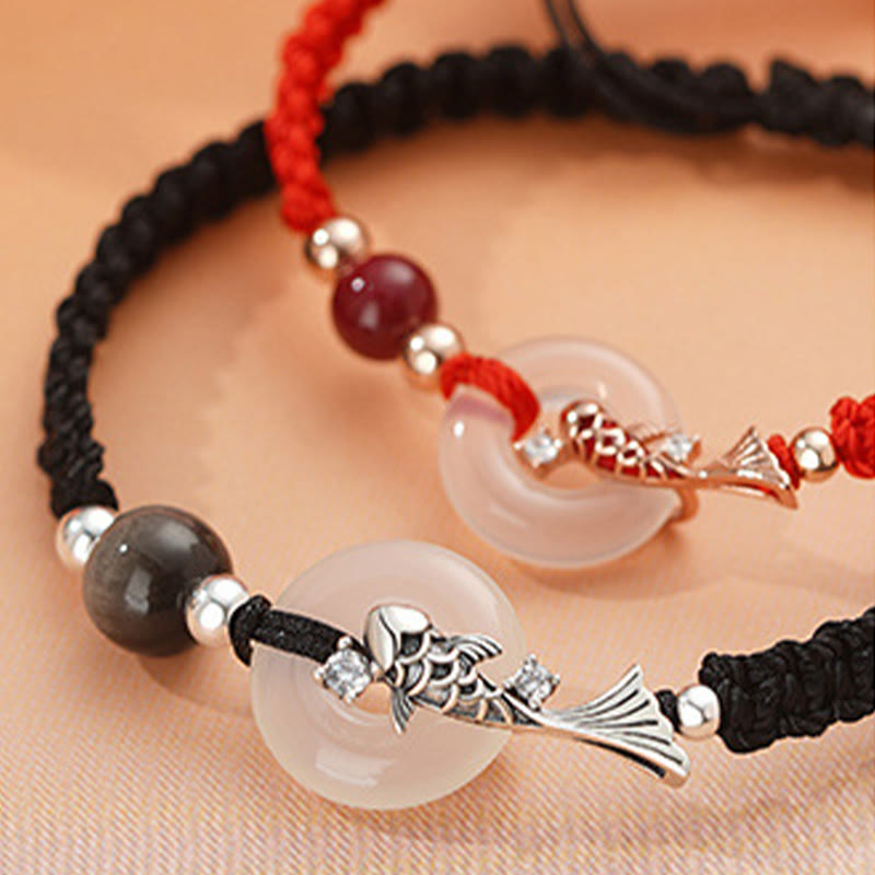 KarmaRipple's Handmade Chalcedony Peace Buckle Koi Fish 925 Sterling Silver Woven String Positive Couple's Bracelet p5