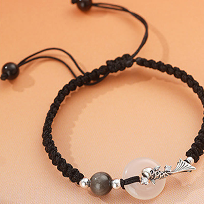 KarmaRipple's Handmade Chalcedony Peace Buckle Koi Fish 925 Sterling Silver Woven String Positive Couple's Bracelet p14