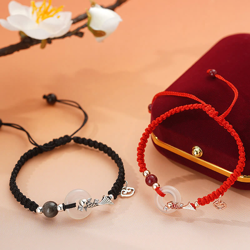 KarmaRipple's Handmade Chalcedony Peace Buckle Koi Fish 925 Sterling Silver Woven String Positive Couple's Bracelet p3