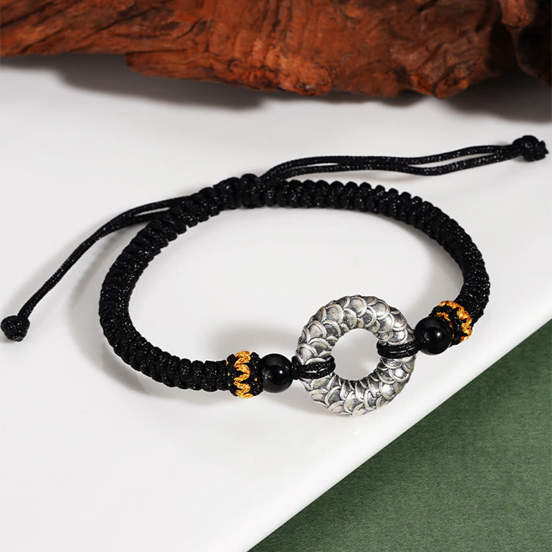 KarmaRipple's Handmade Black Onyx 999 Sterling Silver Peace Buckle Dragon Black String Fortune Woven Bracelet p5