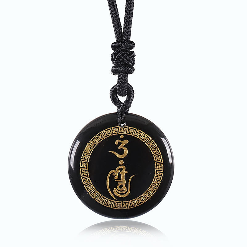 KarmaRipple's Swastika Pattern Vajra Protection Mantra Authentic Various Gemstone Black Obsidian Purification Pendant Necklace p1