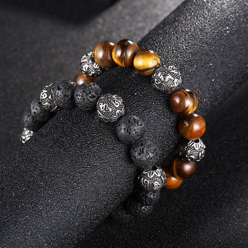 KarmaRipple's Authentic Lava Rock Tiger Eye Titanium Steel Six-True-Words Om Mani Padme Hum Balancing Bracelet p16