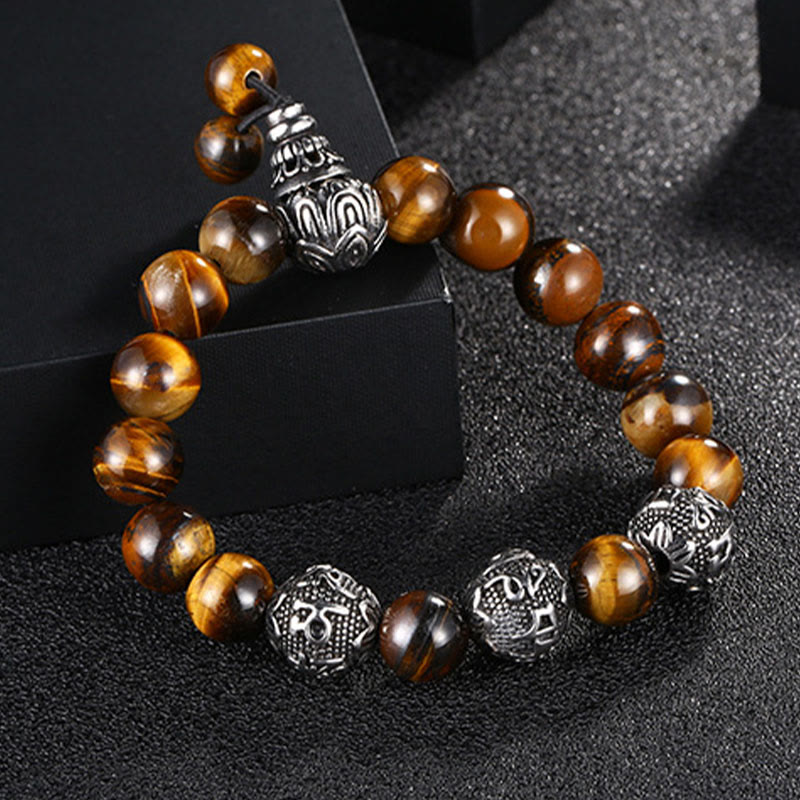 KarmaRipple's Authentic Tiger Eye Lava Rock Black Obsidian Titanium Steel Six-True-Words Om Mani Padme Hum Protection Bracelet p1