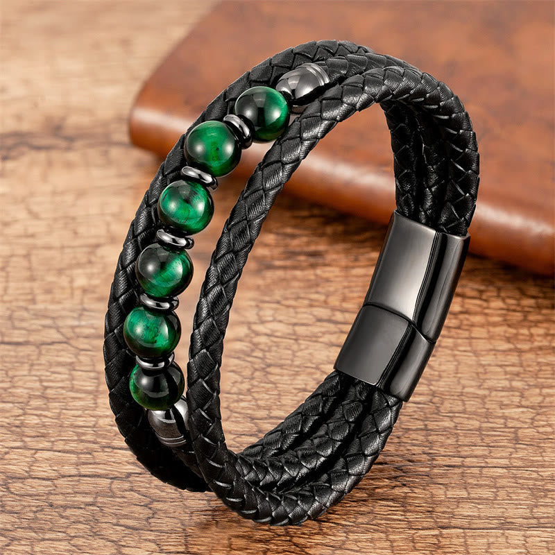 KarmaRipple's Tiger Eye Lava Rock Hematite Black Onyx Bead Positive Leather Bracelet p19