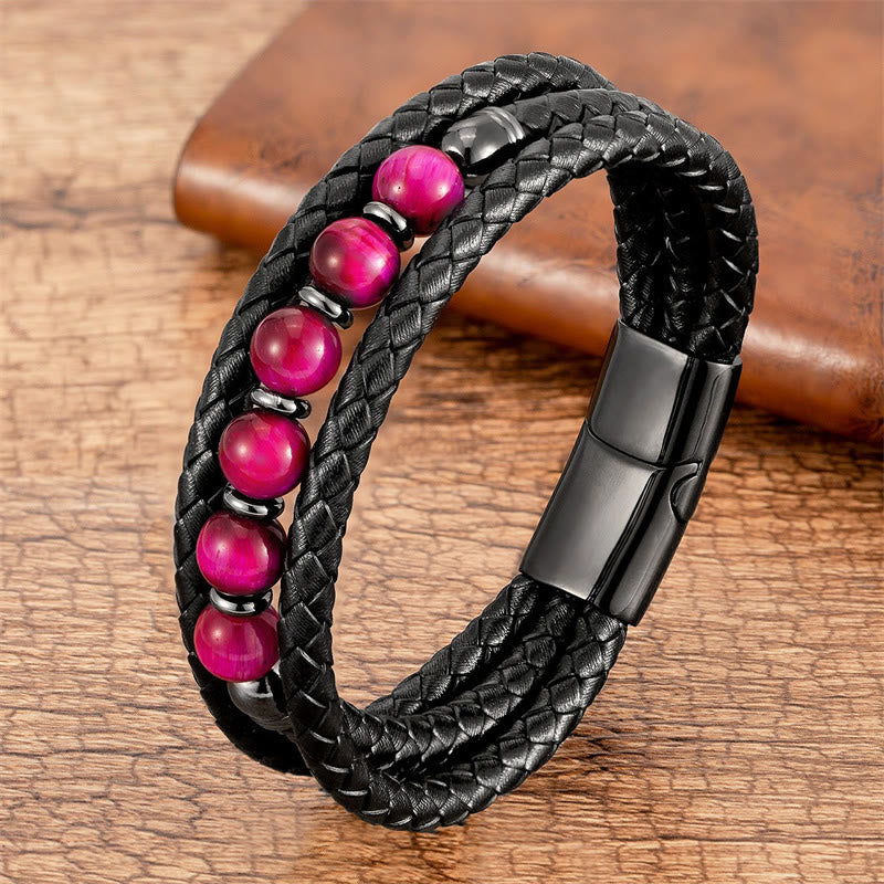 KarmaRipple's Tiger Eye Lava Rock Hematite Black Onyx Bead Positive Leather Bracelet p24