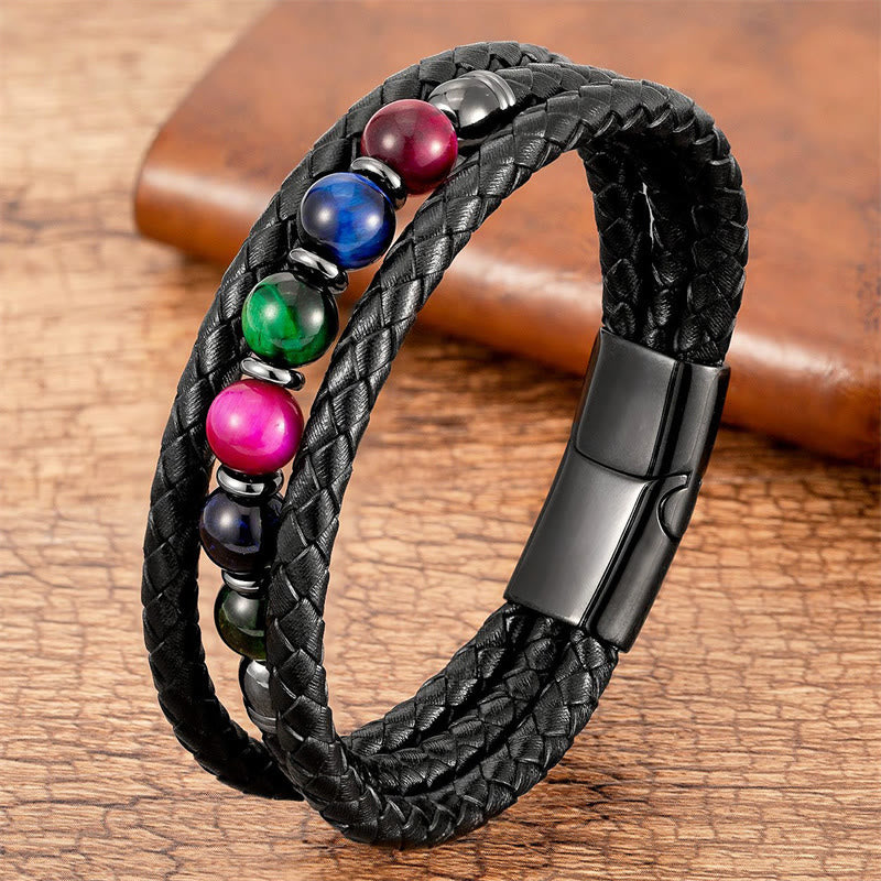 KarmaRipple's Tiger Eye Lava Rock Hematite Black Onyx Bead Positive Leather Bracelet p25