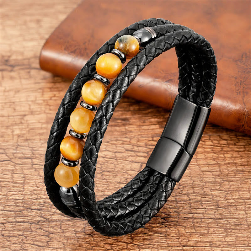 KarmaRipple's Tiger Eye Lava Rock Hematite Black Onyx Bead Positive Leather Bracelet p29