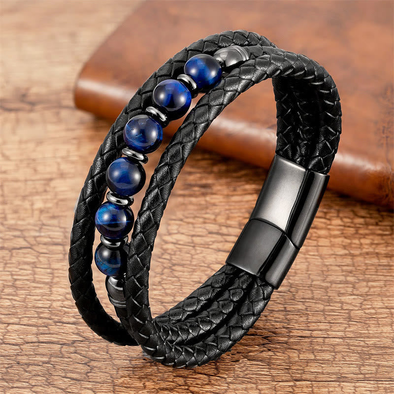 KarmaRipple's Tiger Eye Lava Rock Hematite Black Onyx Bead Positive Leather Bracelet p33