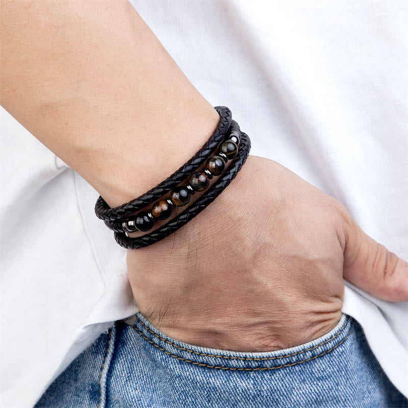 KarmaRipple's Tiger Eye Lava Rock Hematite Black Onyx Bead Positive Leather Bracelet p17