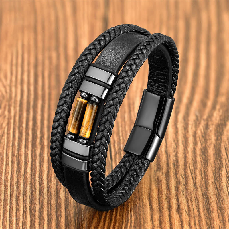 KarmaRipple's Tiger Eye Lazurite Hematite Picture Jasper Black Onyx Strength Multi-layer Leather Bracelet p1