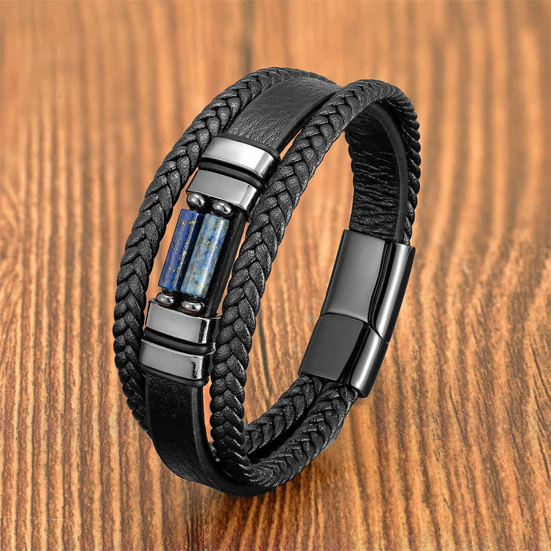 KarmaRipple's Tiger Eye Lazurite Hematite Picture Jasper Black Onyx Strength Multi-layer Leather Bracelet p21