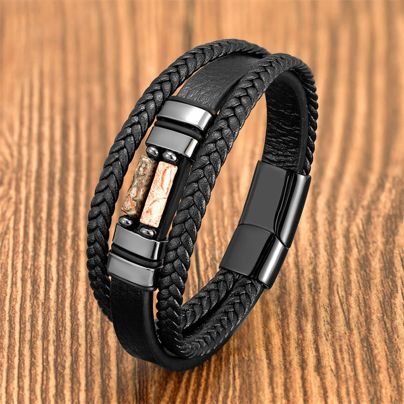 KarmaRipple's Tiger Eye Lazurite Hematite Picture Jasper Black Onyx Strength Multi-layer Leather Bracelet p29