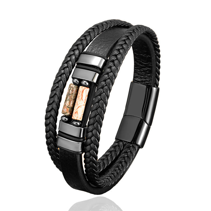 KarmaRipple's Tiger Eye Lazurite Hematite Picture Jasper Black Onyx Strength Multi-layer Leather Bracelet p13