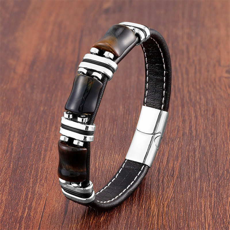 KarmaRipple's Tiger Eye Three Bamboo Stone Protection Power Leather Bracelet p27