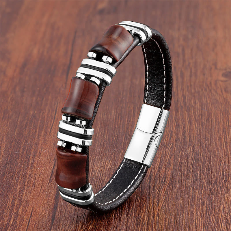 KarmaRipple's Tiger Eye Three Bamboo Stone Protection Power Leather Bracelet p34