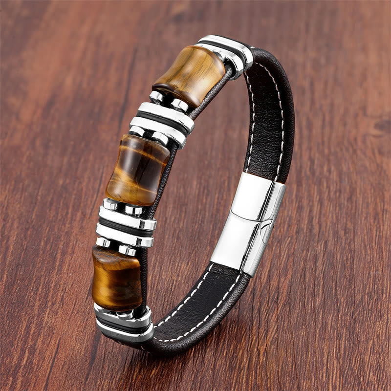 KarmaRipple's Tiger Eye Three Bamboo Stone Protection Power Leather Bracelet p38