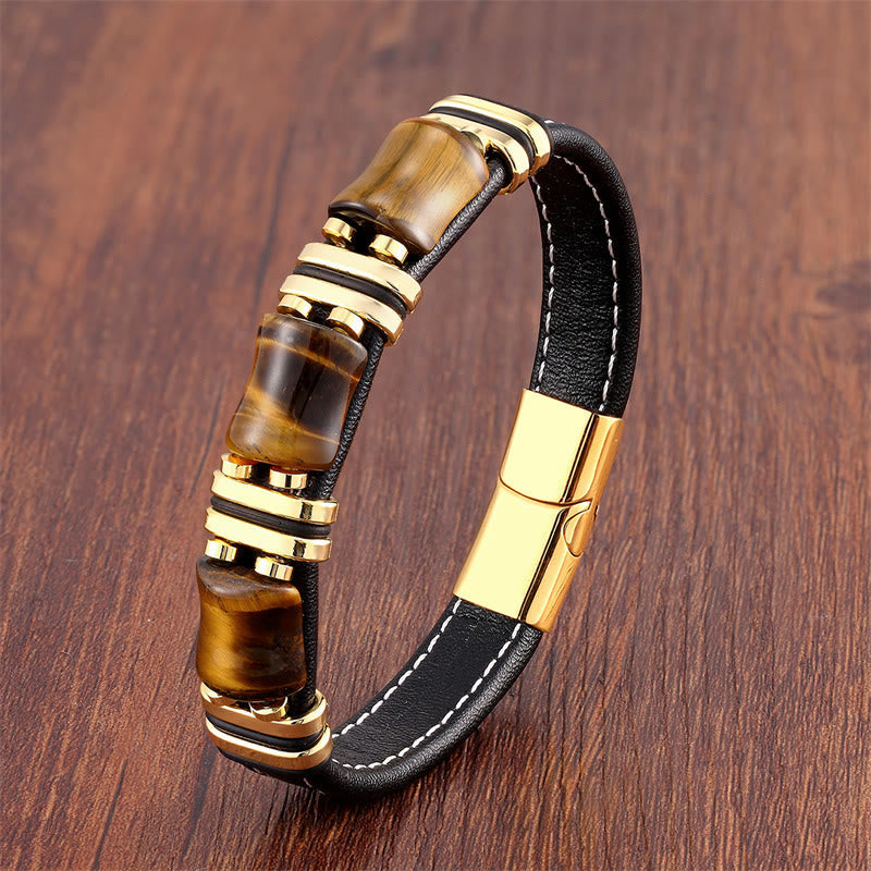 KarmaRipple's Tiger Eye Three Bamboo Stone Protection Power Leather Bracelet p42