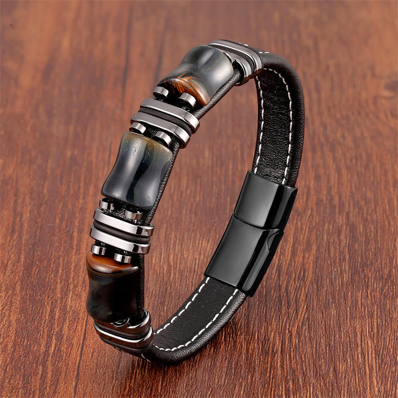 KarmaRipple's Tiger Eye Three Bamboo Stone Protection Power Leather Bracelet p44