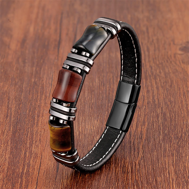 KarmaRipple's Tiger Eye Three Bamboo Stone Protection Power Leather Bracelet p51