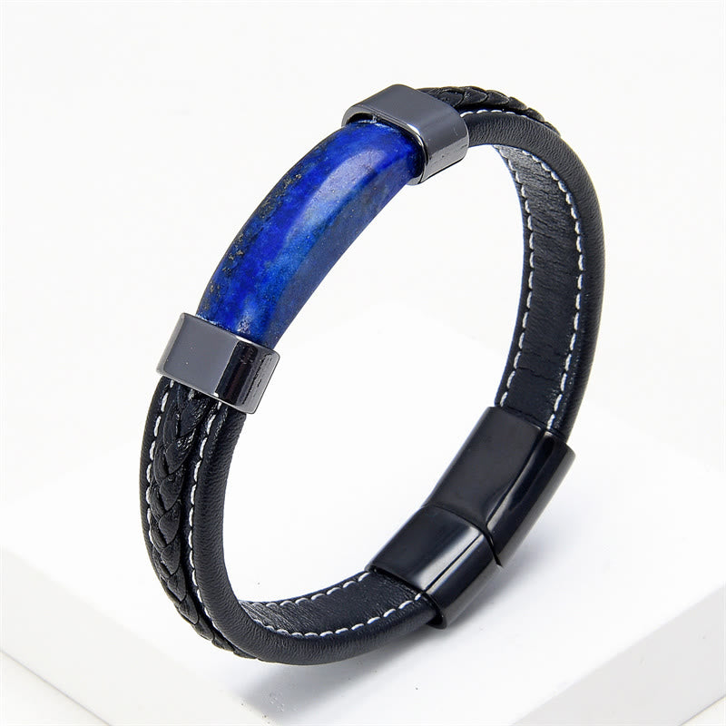 KarmaRipple's Lazurite Tiger Eye Rhodonite Hematite Black Onyx Stone Balance Leather Bracelet p1