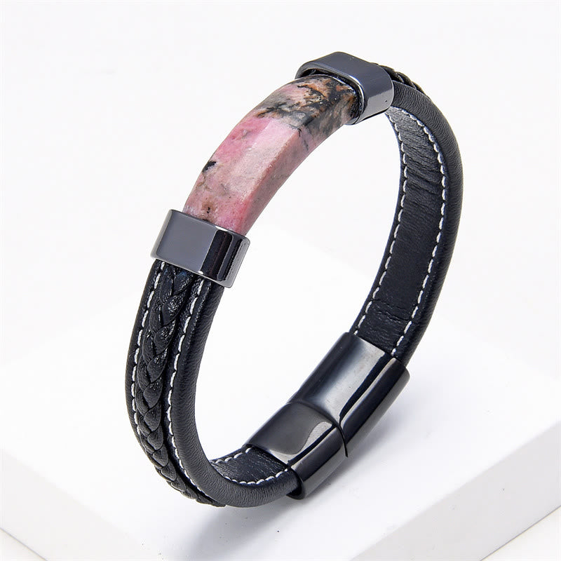 KarmaRipple's Lazurite Tiger Eye Rhodonite Hematite Black Onyx Stone Balance Leather Bracelet p31