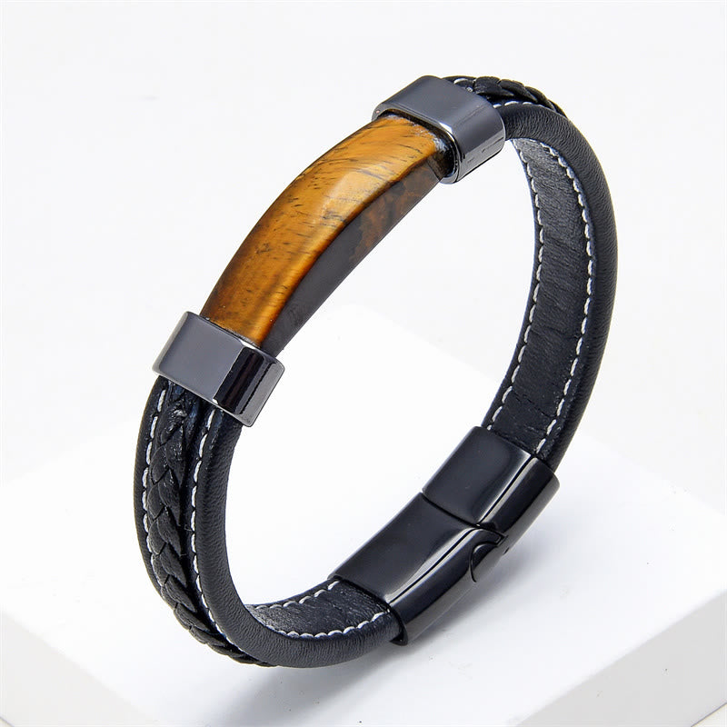 KarmaRipple's Lazurite Tiger Eye Rhodonite Hematite Black Onyx Stone Balance Leather Bracelet p29
