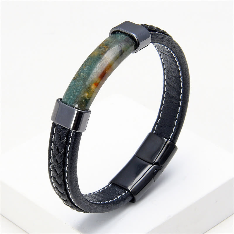 KarmaRipple's Lazurite Tiger Eye Rhodonite Hematite Black Onyx Stone Balance Leather Bracelet p47