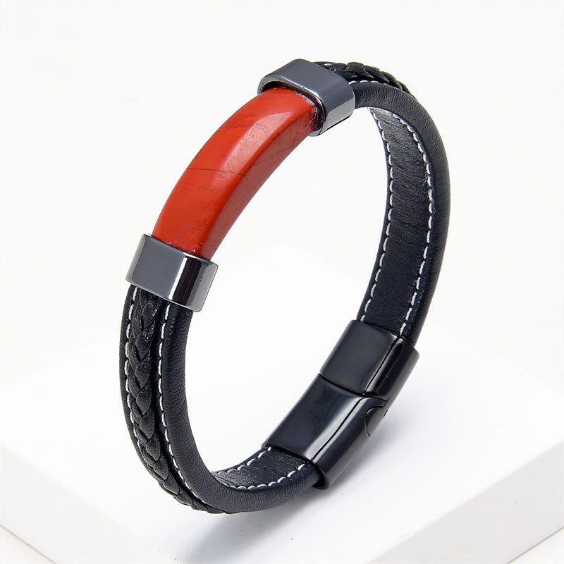 KarmaRipple's Lazurite Tiger Eye Rhodonite Hematite Black Onyx Stone Balance Leather Bracelet p51