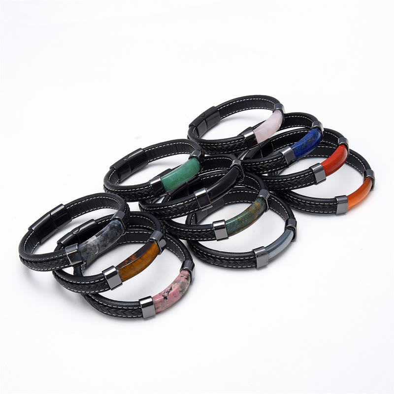 KarmaRipple's Lazurite Tiger Eye Rhodonite Hematite Black Onyx Stone Balance Leather Bracelet p12