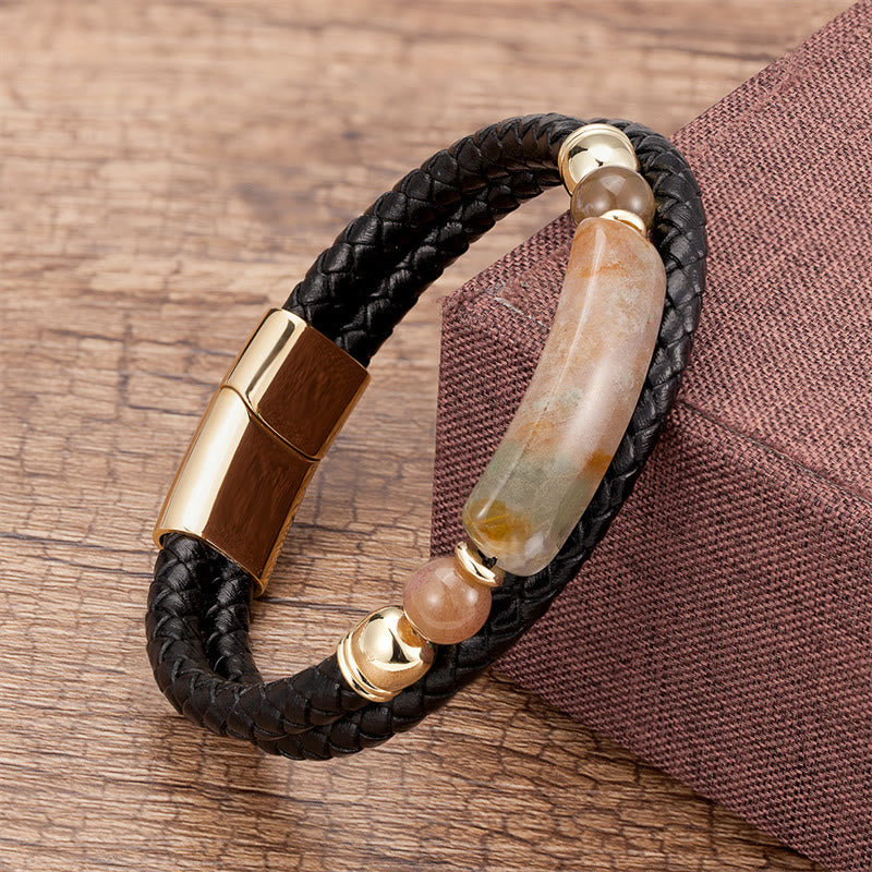 KarmaRipple's Green Aventurine Tiger Eye Green Agate Black Onyx Hematite Stone Fortune Leather Magnetic Buckle Bracelet p37