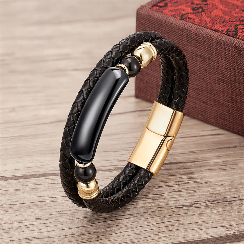 KarmaRipple's Green Aventurine Tiger Eye Green Agate Black Onyx Hematite Stone Fortune Leather Magnetic Buckle Bracelet p41
