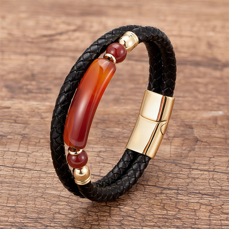 KarmaRipple's Green Aventurine Tiger Eye Green Agate Black Onyx Hematite Stone Fortune Leather Magnetic Buckle Bracelet p55