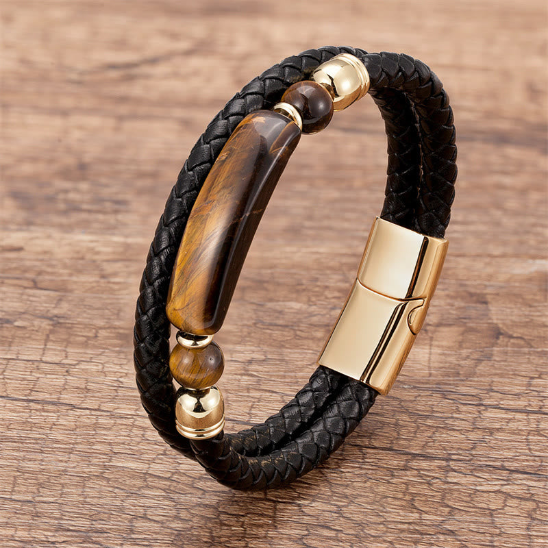 KarmaRipple's Green Aventurine Tiger Eye Green Agate Black Onyx Hematite Stone Fortune Leather Magnetic Buckle Bracelet p35