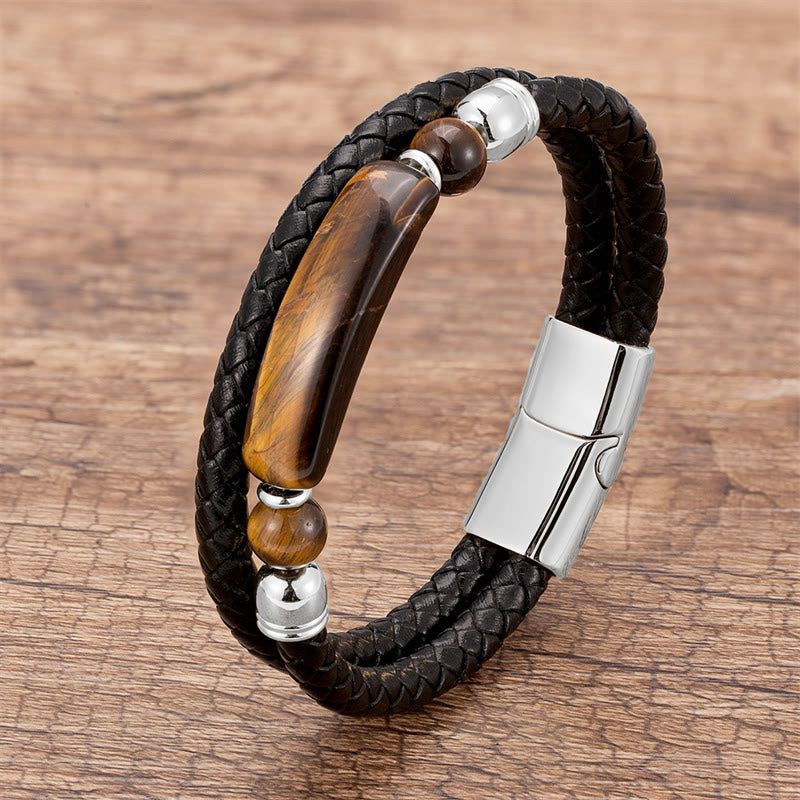 KarmaRipple's Green Aventurine Tiger Eye Green Agate Black Onyx Hematite Stone Fortune Leather Magnetic Buckle Bracelet p62